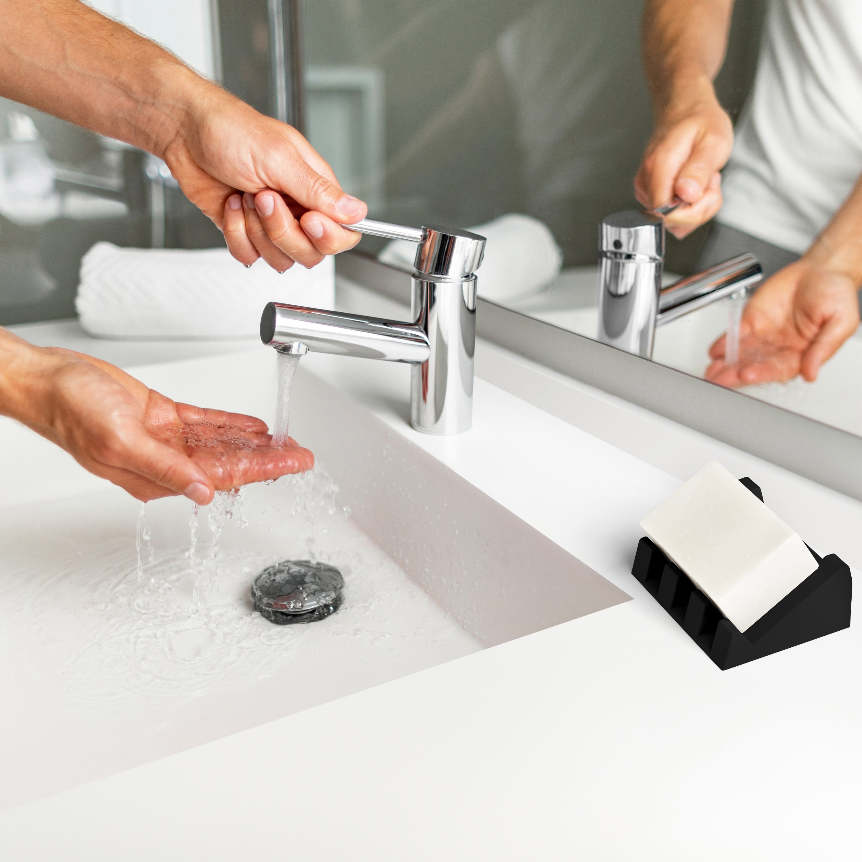 iSoapStone Silicone Soap Dish (USA Patented) Self Draining Bar Soap Holder for Shower Bathroom Sink, Drying Soap Dish Tray Sponge Holder Easy Cleaning Soap Saver Travel Accessories (Black, 2)